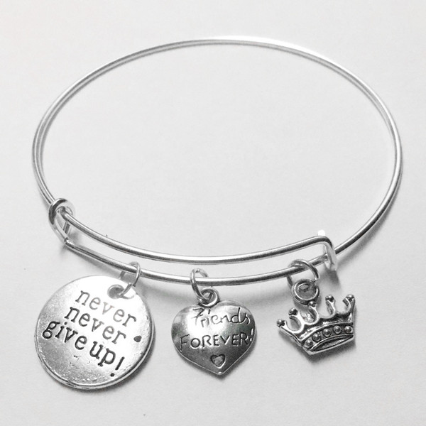 Fashion Never Never Give Up Friends Forever Heart Imperial Crown Charm Bracelets Bangles Silver Alloy Chain Quote Jewelry For Women Men Gift