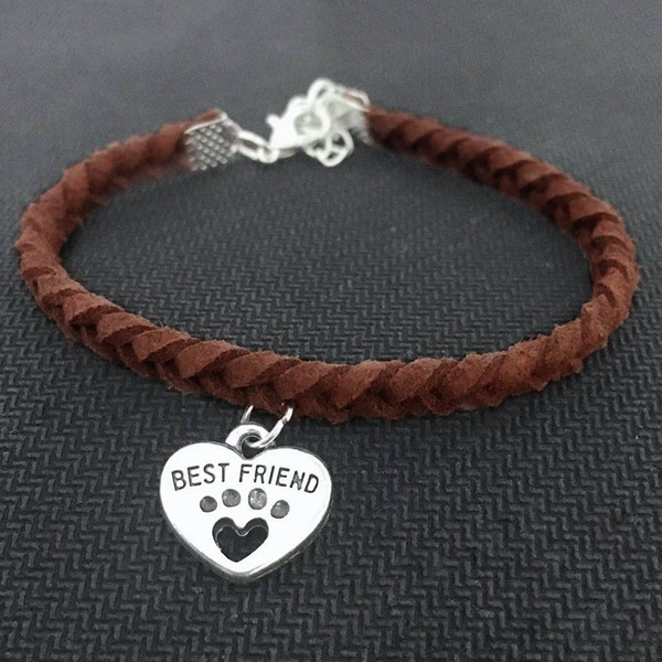 Dark Brown Leather Suede Bracelet for Men Women Customizable Pets Cat Dog Paw Best Friend Heart Bangles Casual Personalized Jewelry Pulseira