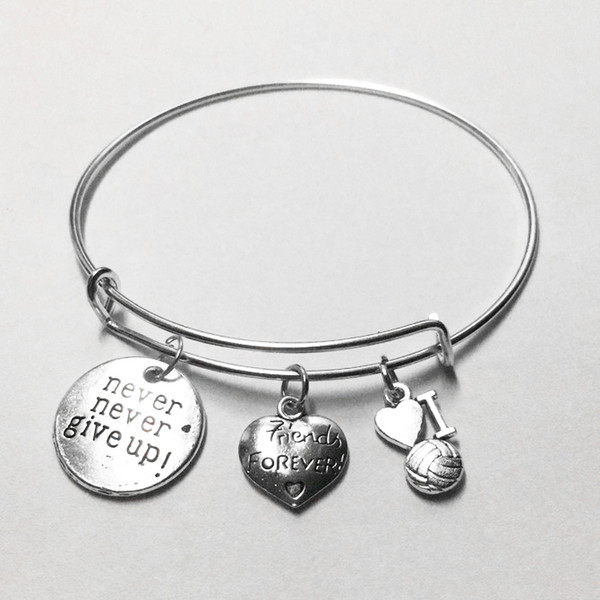 Handmade Silver Alloy Chain Bracelets Bangles Never Never Give Up Friends Forever I Heart Volleyball Charm Bracelet Psalm Quote Jewelry Gift