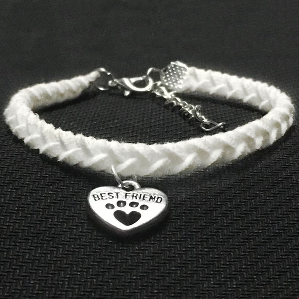 Fashion Vintage Handmade Weave White Leather Rope Cuff Charm Bracelets Pets Cat Dog Paw Best Friend Heart Women Men Jewelry Accessories Gift