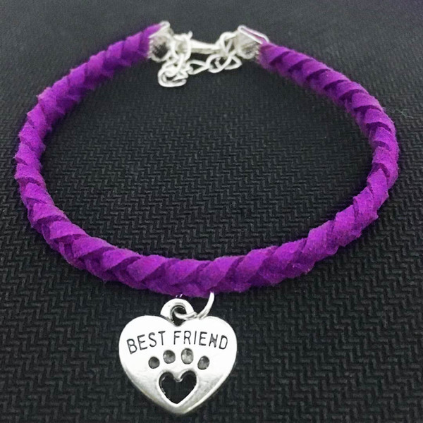 Silver Cute Pets Cat Dog Paw Best Friend Heart Bracelets Charms Bracelets Bangle for Women Men Handmade Purple Leather Rope DIY Jewelry Gift