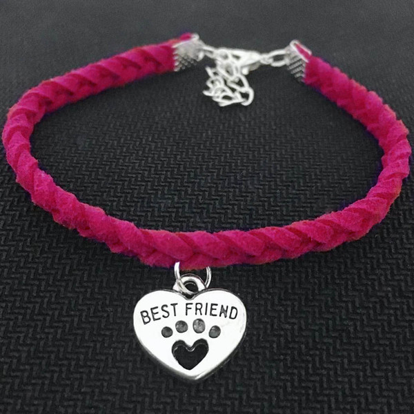 Handmade Red Leather Suede Charm Bracelets & Bangles Fashion Pets Cat Dog Paw Best Friend Heart Wrap Bracelet For Women Men Jewelry Pulseira