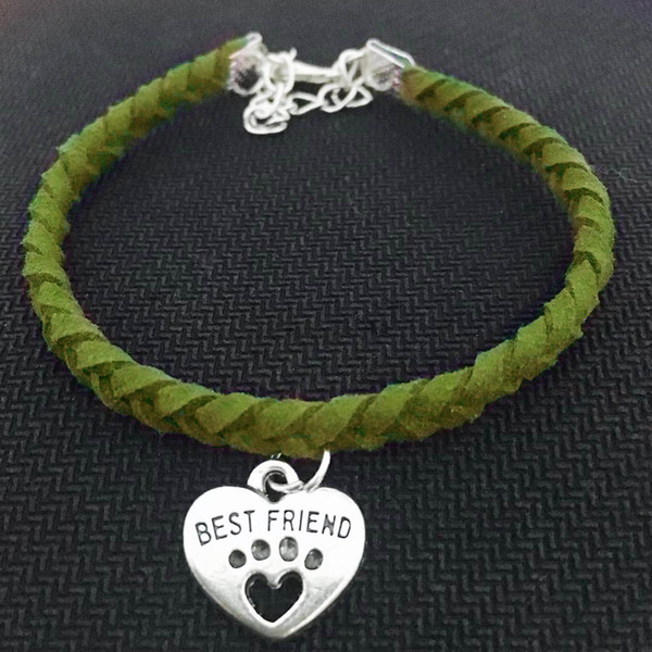 New Braided Green Leather Suede Velvet Rope Wrap Women Men Jewelry Trendy Pets Cat Dog Paw Best Friend Heart Bracelet Armband pulsera hombre