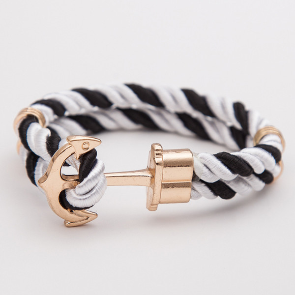 Bohemian Handmade Black White Color Leather Rope Cuff Bracelets for Women Men Vintage Gold Alloy Anchor Accessories Female Male Jewelry Gift