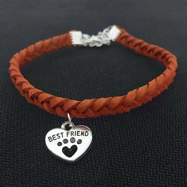 AFSHOR Brand Bohemian Vintage Handmade Brown Leather Rope Wrap Cuff Jewelry Women Men Pets Cat Dog Paw Best Friend Heart Bracelets & Bangles