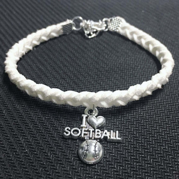 New Fashion Women Men Bracelets Silver Alloy Softball Pendant Accessories Bangles Personality White Leather Suede Velvet Rope Jewelry Gifts