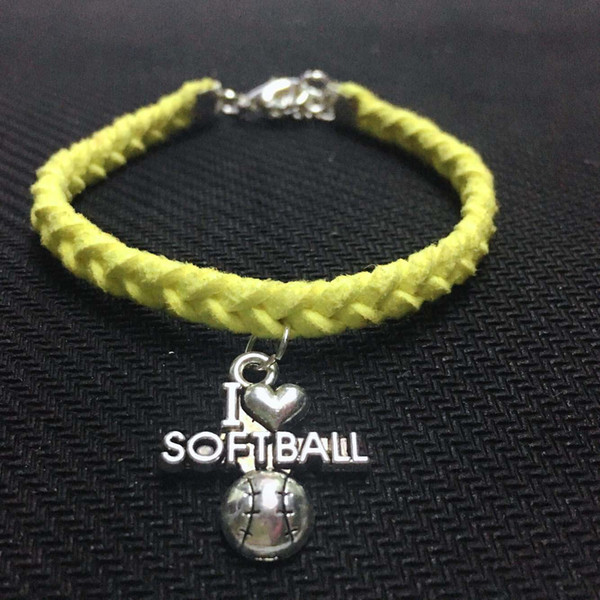 2019 High Quality Silver Color Softball Pendant Charm Bracelets Bangles Handmade Yellow Leather Suede Velvet Rope Jewelry Gift For Women Men