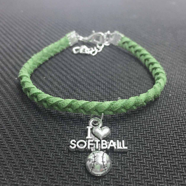 High Quality Silver Alloy Softball Pendant Accessories Charm Bracelets & Bangles For Women Men Green Leather Suede Velvet Rope Jewelry Gifts