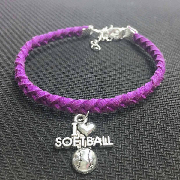 Fashion Silver Alloy Softball Pendants Bracelets For Women Men Charm Handmade Purple Leather Suede Velvet Rope Jewelry Pulseras Dropshipping