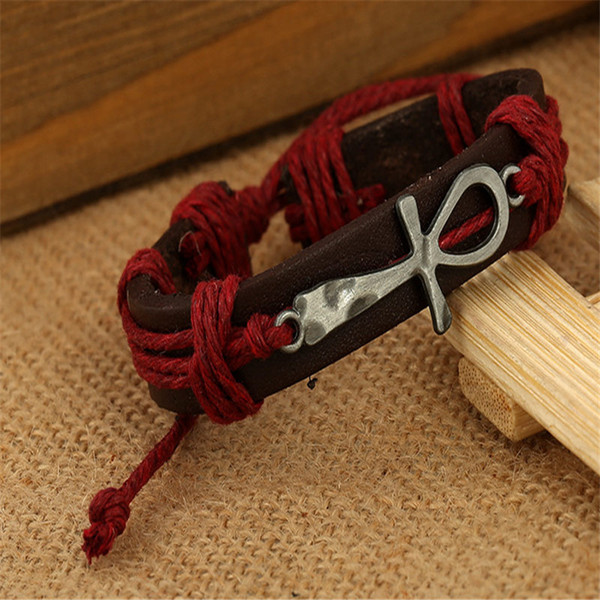 Fashion New 2019 Dark Brown Red Cowhide Genuine Leather Rope Bracelet Classic Christian Cross Jesus Charm Bangles For Women Men Jewelry Gift