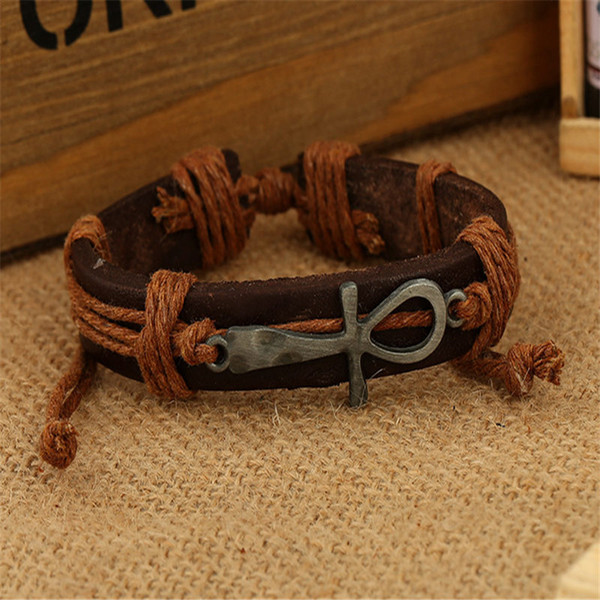 2019 New Design Silver Christian Cross Jesus Bracelets Brown Cowhide Genuine Leather Rope Charm Bangles For Women Men Jewelry Pulsera Hombre