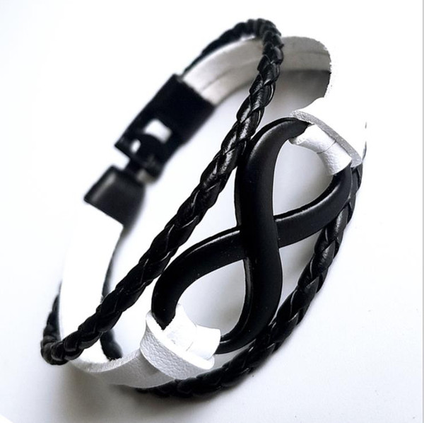 Vintage Black White Genuine Leather Rope Cuff Bracelets for Women Men Fashion Infinity Button Jewelry Special Design DIY Summer Boho Bangles