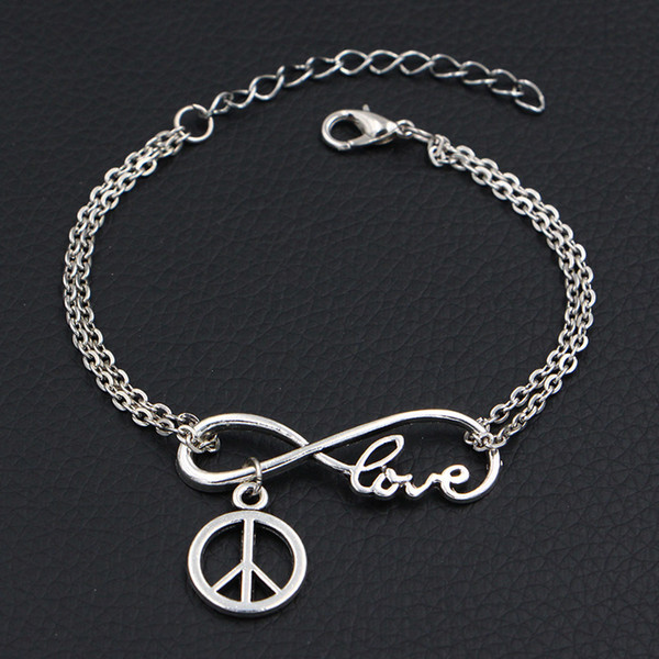 Cheap Hot Fashion Double Infinity Love Round Hollow Peace Sign Symbol Pendant Charm Bracelets Vintage Men Women Link Chain Cuff Jewelry Gift