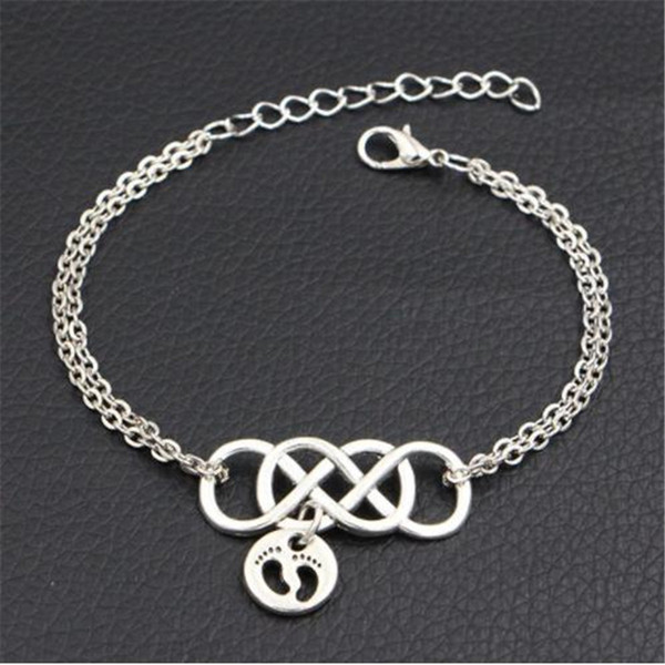 Double Infinity Love Baby Little Feet Footprint Round Pendant Bracelets Personalized Link Chain Jewelry Custom Bracelet Bangle for woman Men