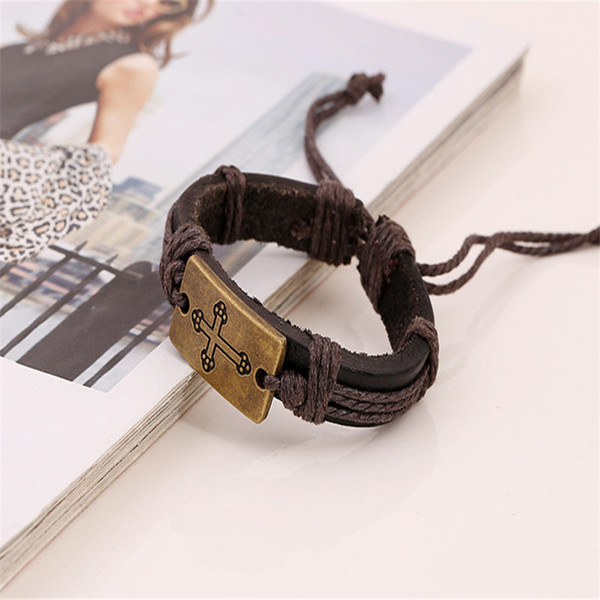 2019 New Christian Cross Jesus Bracelets Luxury Fashion Handmade Brown Cowhide Genuine Leather Rope Charm Bangles For Women Men Jewelry Gift