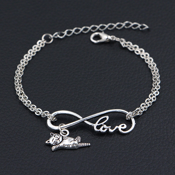 Lucky Double Infinity Love Cat Pendant Bracelet For Women Men Silver Link Chain Adjustable Bangle DIY Handmade Friendship Best Gift Jewelry