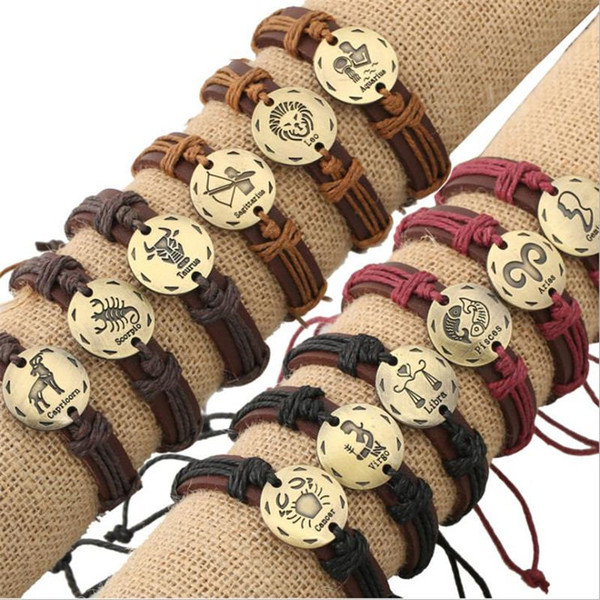 European Style 12 Constellations Charm Bracelets With Mixed Color Cowhide Genuine Leather Rope Cuff Brand Bangles For Women Men Jewelry Gift