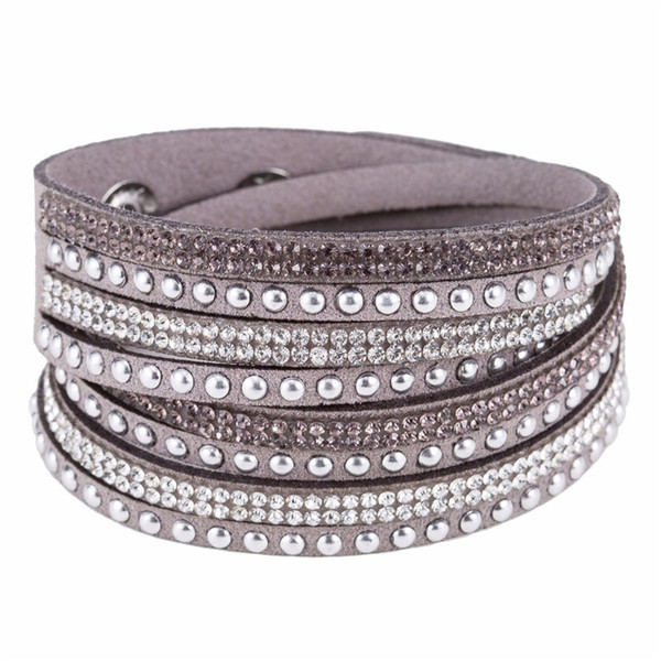 2019 Boho Rhinestone Sparkling Crystal Deluxe Gray Leather Suede Simple DIY Bracelets & Bangles for Woman Men Boy Girl Jewelry Special Gifts