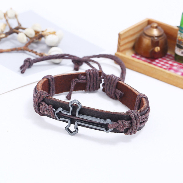 New Silver Color Christian Cross Jesus Bracelet & Bangles Brown Cowhide Genuine Leather Rope DIY Adjustable Pulseras Mujer Women Men Jewelry