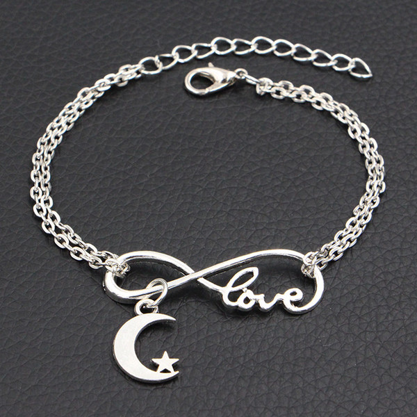 Mixed Antique Silver Double Infinity Love Moon With Star Pendant Charm fit DIY Bracelet Bangles for Women Men Link Chain Jewelry Making Gift