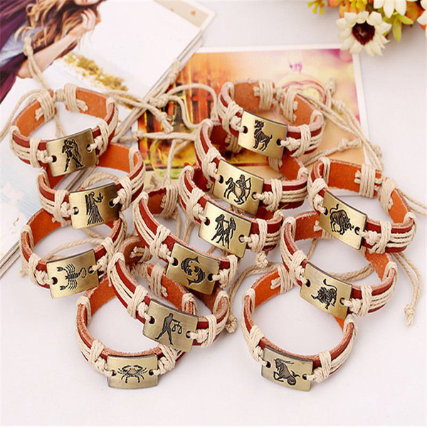 Hot Sale Gold 12 Constellations Charm Jewelry With Brown White Cowhide Genuine Leather Rope DIY Brand Bracelets & Bangles Gift For Women Men