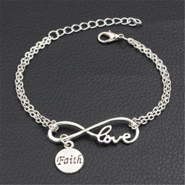 Silver Double Infinity Love Letter Faith Pendant Round Bracelet & Bangles Pulsera For Women Men Link Chain Jewelry Friends Couples Best Gift