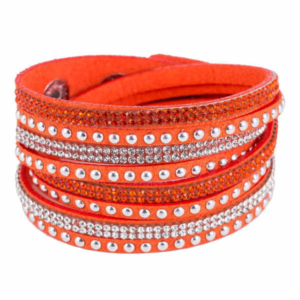 2019 New Fashion Orange Rhinestone Sparkling Crystal Deluxe Leather Suede with Button Bracelets Bangles for Women Men Charm Jewelry bileklik