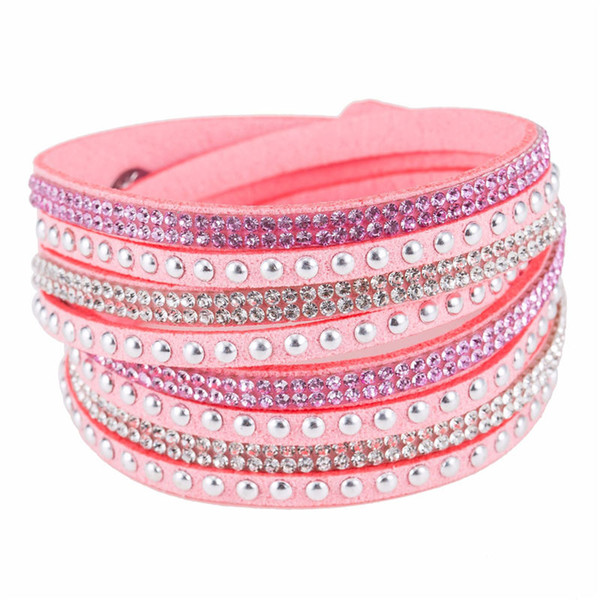 Handmade Pink Color Rhinestone Sparkling Crystal Deluxe Leather Suede Charm Bracelets Femme Women Men Jewelry Lucky Bangles Friendship Gifts