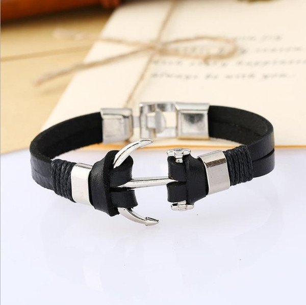 Handmade Weave Black Cowhide Genuine Leather Rope Wrap Adjustable Charm Bracelets & Bangles for Women Men Fashion Anchor Button Jewelry Gift