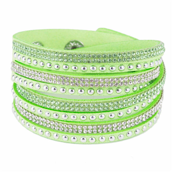 New Fashion Rhinestone Sparkling Crystal Deluxe Green Leather Suede Fit Original Charm Bracelets & Bangles Charm Jewelry For Women Men Gifts