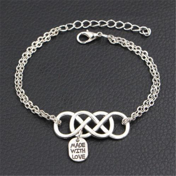 Dropshipping Silver Color Double Infinity Love Made With Love Tag Pendant Charm Bracelets Link Chain Fine Jewelry For Women Men Lovers Gifts