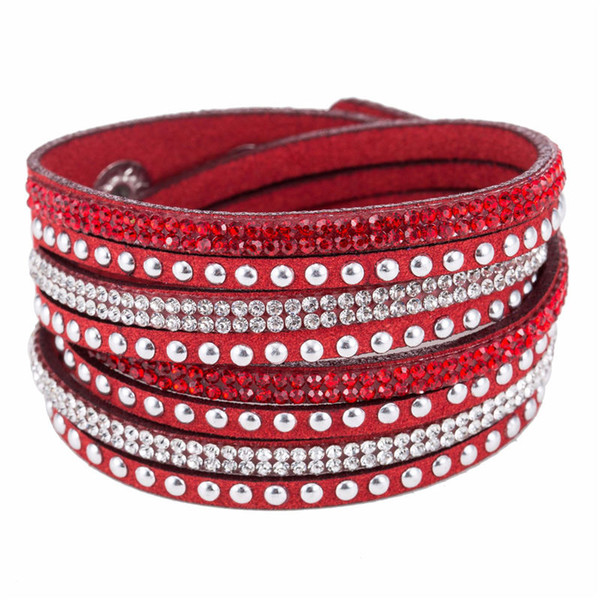 Red Rhinestone Sparkling Crystal Deluxe Leather Suede Cuff Bracelets for Women Men Jewelry Alloy Button Bangles Femme Wedding Birthday Gifts