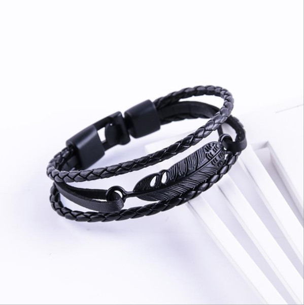 Fashion Handmade Black Cowhide Genuine Leather Rope Cuff Bracelets for Women Men Leaves Button Love Temperament Bangles Gift Wedding Jewelry