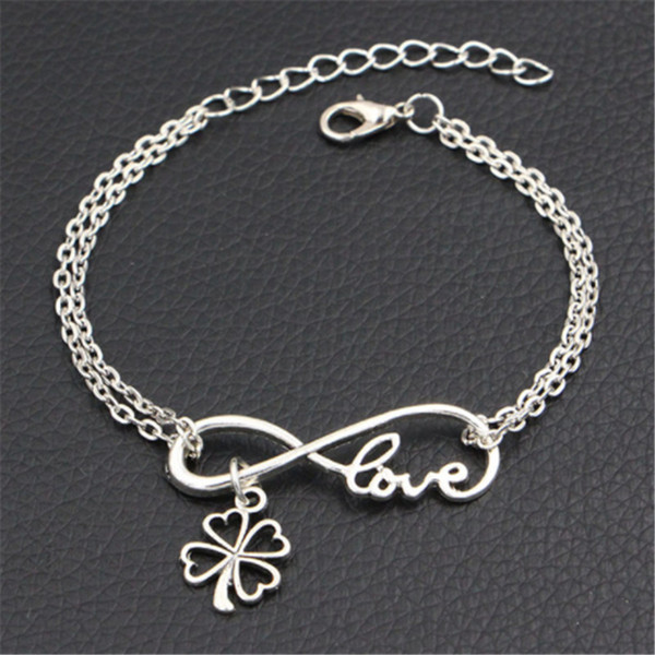 Silver Color Double Infinity Love Clover Heart Pendant Bracelets Bangles Bohemian Metal Link Chain Adjustable Statement Jewelry Summer Gifts