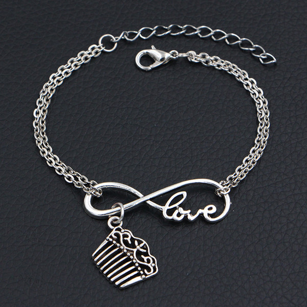 Double Infinity Love Hair Brush Comb Pendant Charm Bracelets Bangles for Women Men Lucky Link Chains Friendship Adjustable Cuff Jewelry Gift