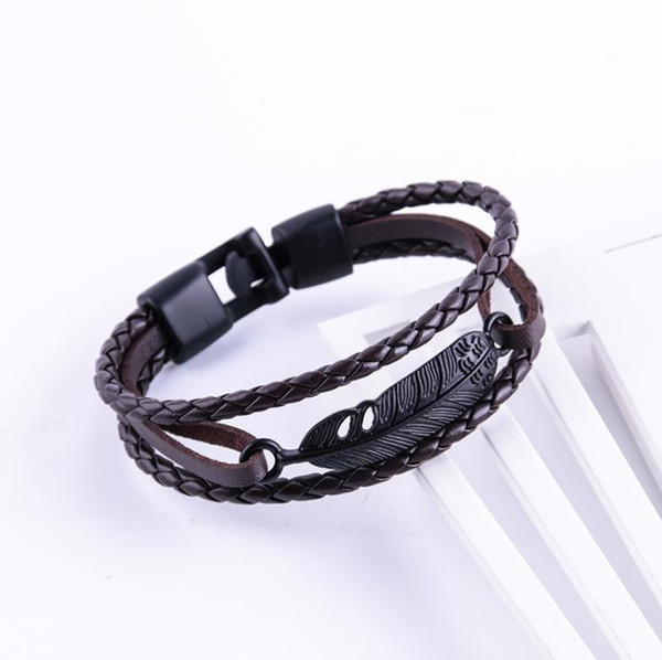 Classic Single Handmade Dark Brown Cowhide Genuine Leather Rope Bangles Simple Leaves Button Cuff Charm Bracelets for Women Men Jewelry Gift