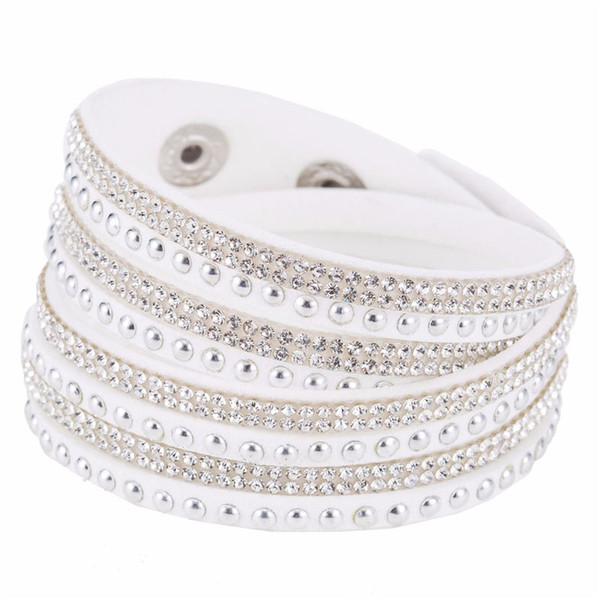 2019 New Hot Women Men Vintage Rhinestone Sparkling Crystal Deluxe White Leather Suede Cuff Bracelets Button Wedding Wristband Jewelry Gifts