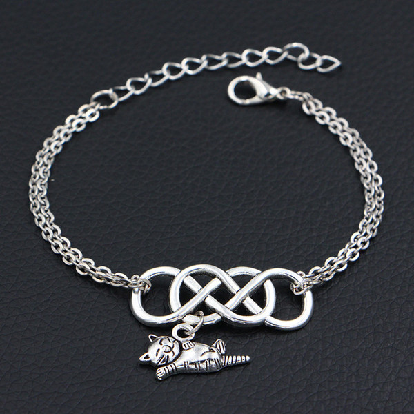 Lucky Silver Double Infinity Love Cat Pendant Bracelets & Bangles For Women Men Link Chain Cuff Handmade Adjustable DIY Jewelry Couples Gift