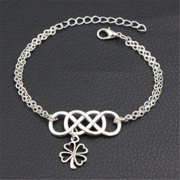 Boho Silver Double Infinity Love Clover Heart Pendant Bracelets Bangles for Women Men Metal Link Chain Adjustable Cuff Jewelry Pulseras Gift