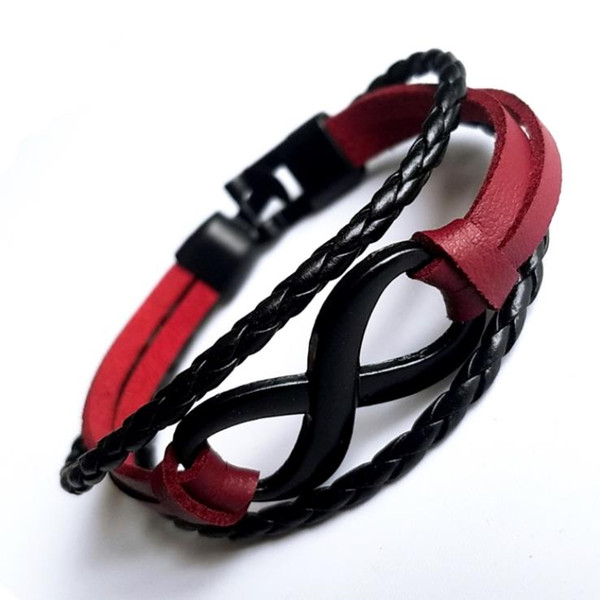 Trendy Black Red Genuine Leather Rope Cuff Charm Bracelets & Bangles for Women Men Infinity Button Women Men Jewelry Pulseira Feminina Gifts