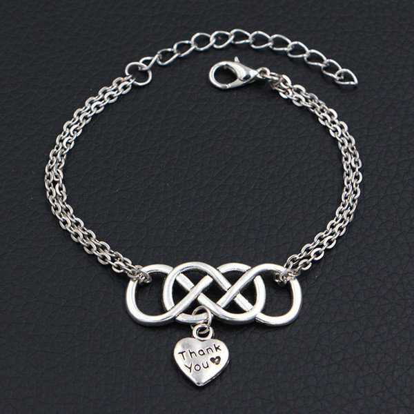 Silver Color Double Infinity Love Thank You Heart Pendants Bracelets & Bangles For Women Men Gifts Fashion Link Chain Jewelry Pulseras Mujer