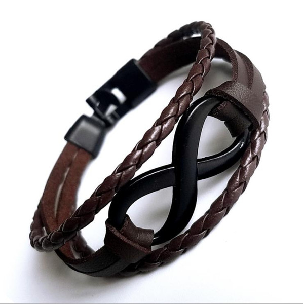 Trendy Infinity Button Diy Couples Charm Bracelet Handmade Brown Cowhide Genuine Leather Rope Cuff Bangles for Women Men Lovers Jewelry Gift