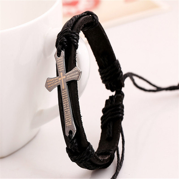 Gold Christian Cross Jesus Charm Fit Original Charm Bracelet & Bangles Black Cowhide Genuine Leather Rope Jewelry Women Men Accessories Gift