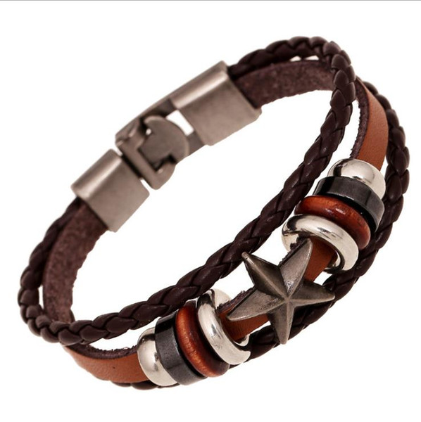 Handmade Weave Brown Cowhide Genuine Leather Rope Bohemian Bracelet & Bangles Women Men Five-pointed Star Beaded DIY Jewelry Friendship Gift