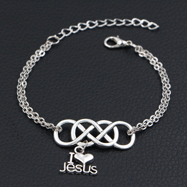 Silver Color Double Infinity Love I Heart Jesus Christian Pendant Charm Bracelets With Link Chain Fine Jewelry For Women Men Boy & Girl Gift