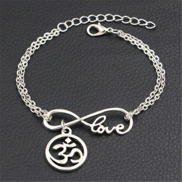 Pulseras Mujer Silver Color Double Infinity Love Buddhist 3D Ohm Aum Yoga OM Round Pendant Bracelets Link Chain Cuff Friendship Gift Jewelry