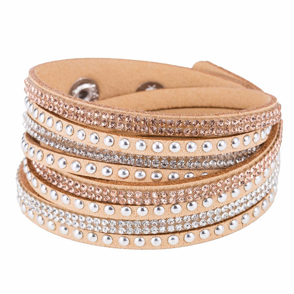 Rhinestone Sparkling Crystal Deluxe Brown Leather Suede Adjustable Bracelets & Bangles New Fashion Women Men Button Jewelry Accessories Gift