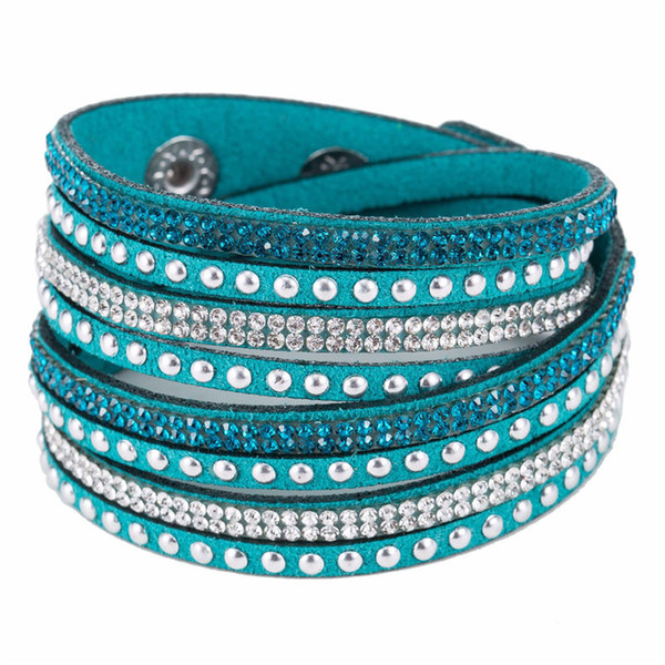 New Summer Women Men Fashion Rhinestone Sparkling Crystal Deluxe Green Leather Suede Cuff Bracelet Bangles Simple Button Charm Jewelry Gifts