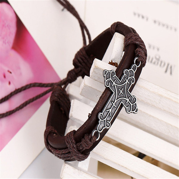 2019 New Fashion Vintage Simple Classic Christian Cross Jesus Charm Bracelets For Women Men Brown Cowhide Genuine Leather Rope Jewelry Gifts