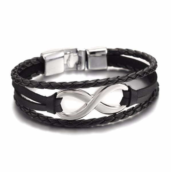 Black Cowhide Genuine Leather Rope Cuff Bracelets & Bangles for Women Men Silver Infinity Button DIY Charm Jewelry Accessories Gift Pulseras